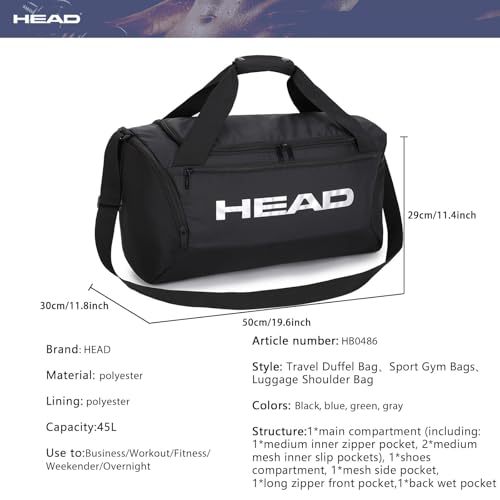 HEAD 45L Gym Duffel Bag with Shoe Compartment & Wet Pocket, Waterproof Large Capacity Sports Bag for Men, Durable Crossbody Weekender for Workout, Fitness, Swimming, Travel - Image 5