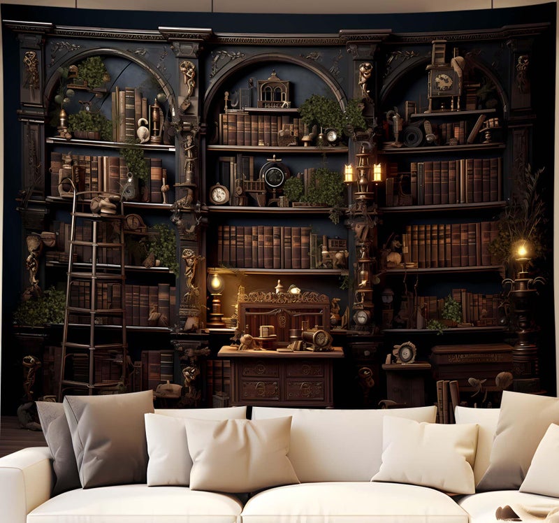 QGHOT Medieval Bookshelf Tapestry Vintage Gothic Bookcase Bookshelf Backdrop Spooky Library Tapestries Wall Hanging Dark Academia Wall Art for Bedroom Living Room Large Office Zoom 906x709