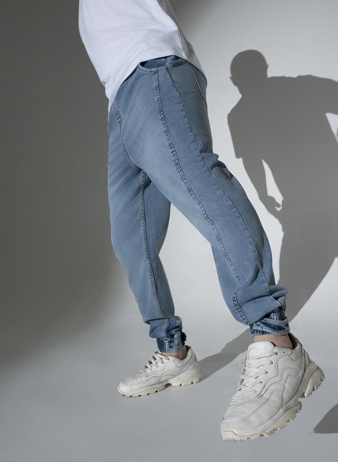 Hubberholme Men's Light Blue 100% Cotton Solid Pattern Full Length Jogger Jeans - Image 5