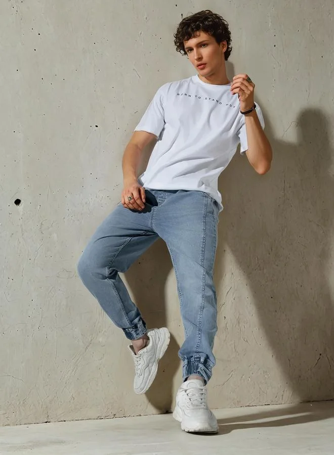 Hubberholme Men's Light Blue 100% Cotton Solid Pattern Full Length Jogger Jeans