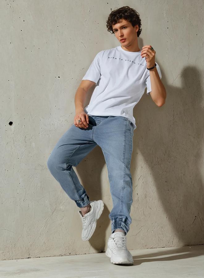 Hubberholme Men's Light Blue 100% Cotton Solid Pattern Full Length Jogger Jeans - Image 1