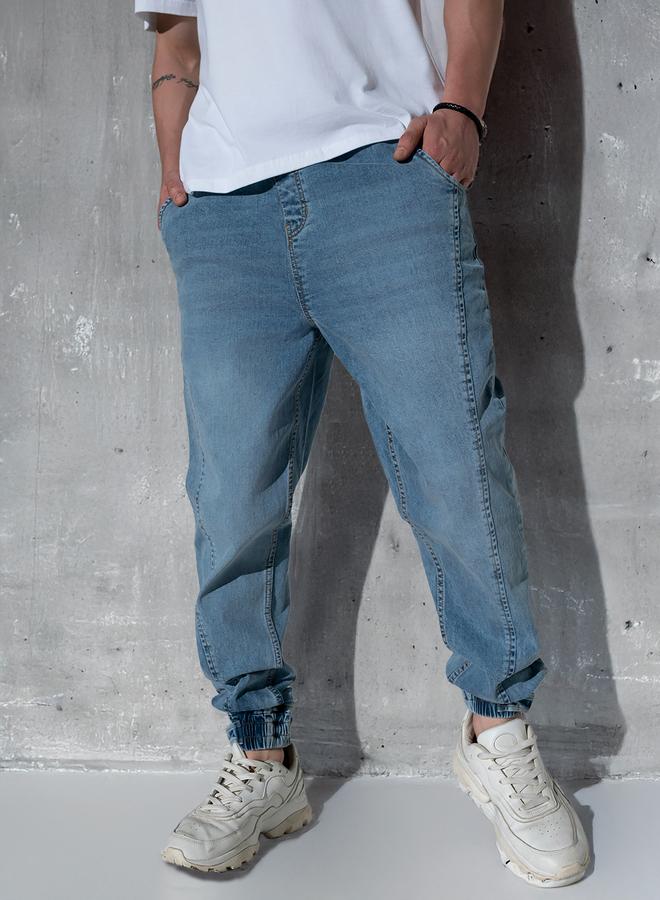 Hubberholme Men's Light Blue 100% Cotton Solid Pattern Full Length Jogger Jeans - Image 2