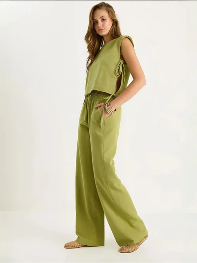 Bianco Lucci LUCCI Crew Neck Tie Closure Two-Piece Co-ord Set with Wide Leg Pants