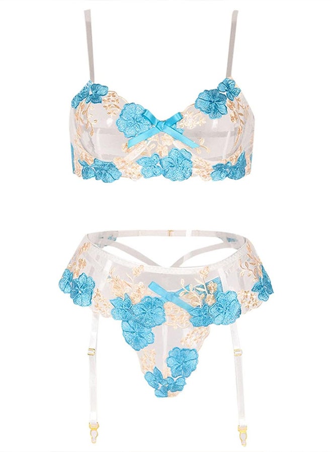 MARGOUN XL Size Scalloped Trim Floral Lace Garter Lingerie Set Pajamas Fashion Lingerie Floral Sleepwear Lace Ring Underwear Embroidery Lace Garter Blue / XL(Bust 80-110/Waist76-96) - Image 3