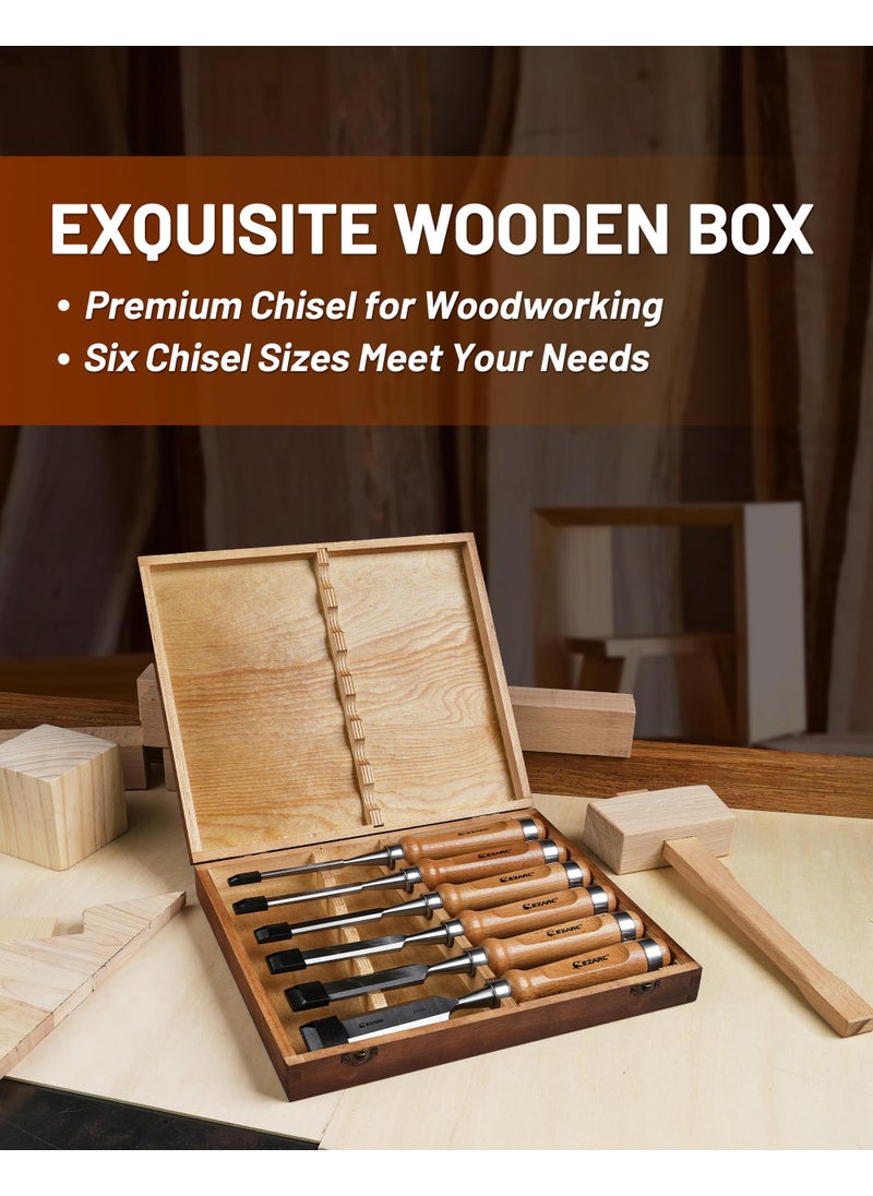 EZARC EZARC 6 Pieces Wood Chisel Tool Sets Woodworking Carving Chisel Kit with Premium Wooden Case for Carpenter Craftsman  - Image 3