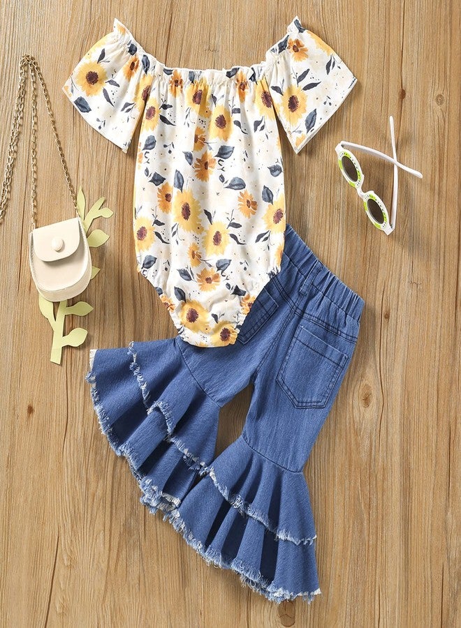 BULINGNA Infant Baby Girl Bell Bottoms Outfit Sunflower Off Shoulder Romper with Flare Jeans Summer Clothing Set (White Blue, 3-6 Months) - Image 3
