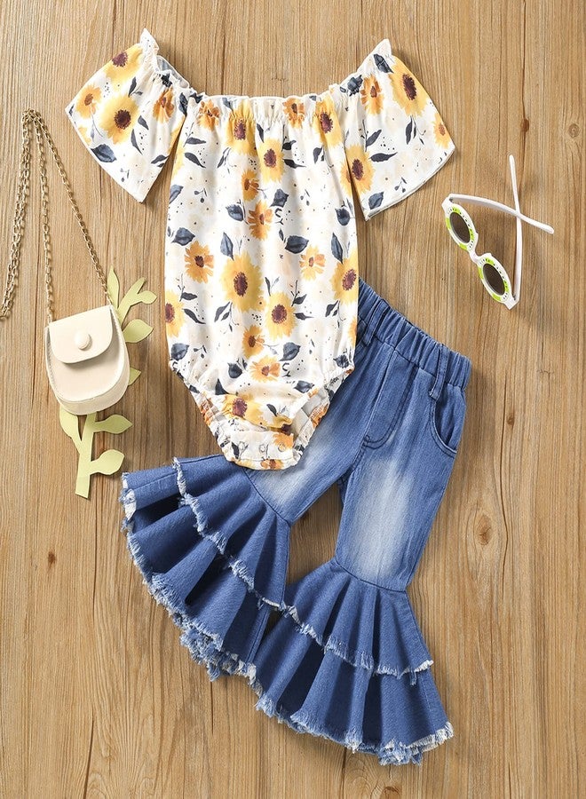 BULINGNA Infant Baby Girl Bell Bottoms Outfit Sunflower Off Shoulder Romper with Flare Jeans Summer Clothing Set (White Blue, 3-6 Months) - Image 2
