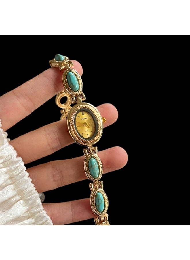 NAIDU Retro Palace-Style Jade Oval Small Dial Bracelet Watch for Women - Image 1