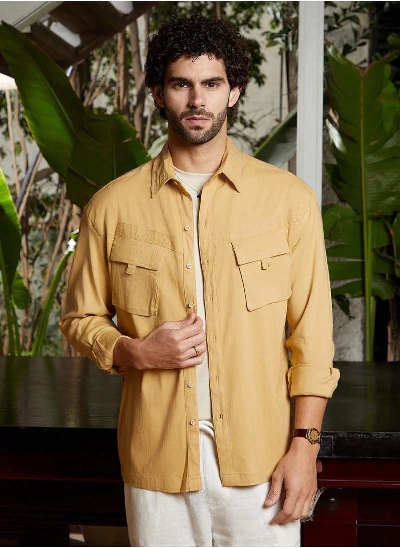 كامبوس سوترا Men's Yellow Ochre Modular-Utility Oversized Shirt