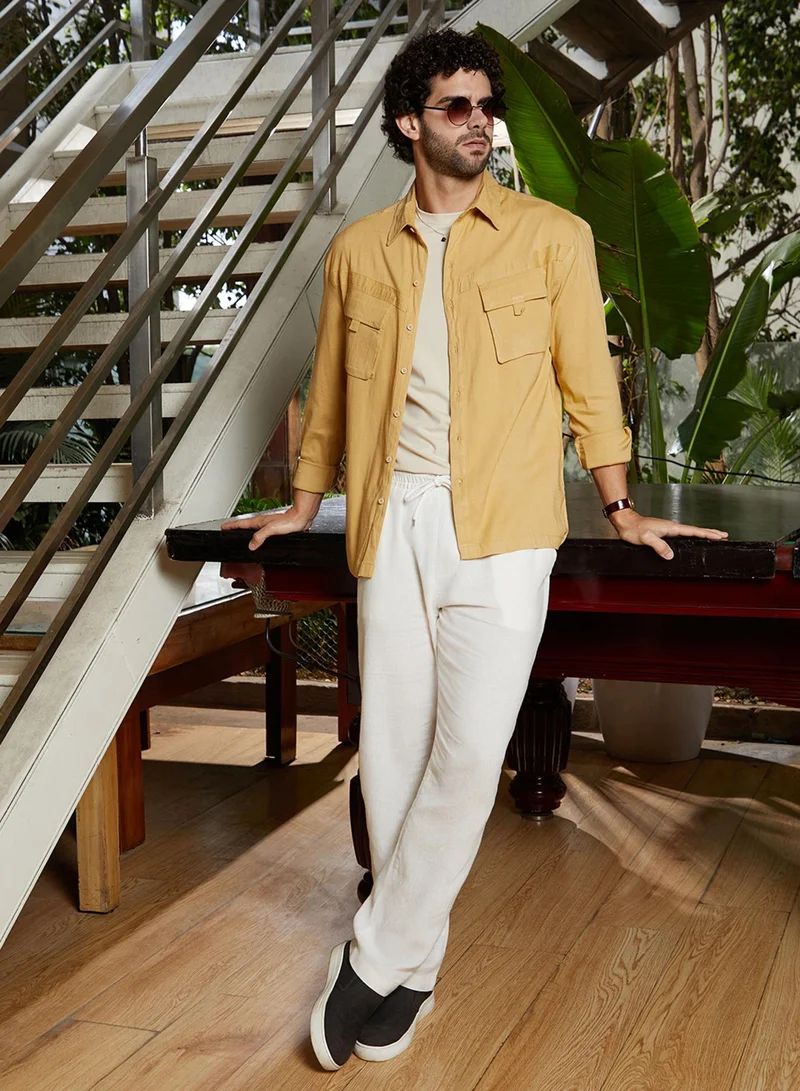 Campus Sutra Men's Yellow Ochre Modular-Utility Oversized Shirt