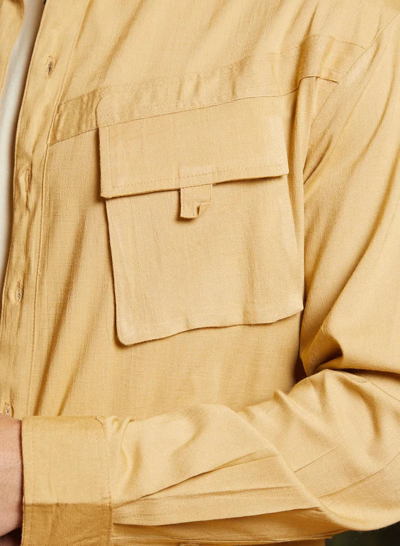 Campus Sutra Men's Yellow Ochre Modular-Utility Oversized Shirt