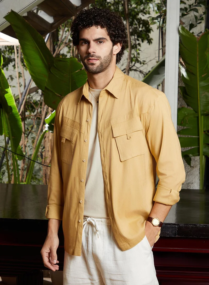 Campus Sutra Men's Yellow Ochre Modular-Utility Oversized Shirt