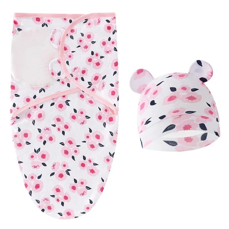 Bluejw Newborn Swaddlers Baby Girls Boys Swaddle Wrap Set - Printed Cotton Sleeveless Adjustable Infant Sleeping Blanket with Hat - Image 1