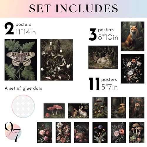 97 Decor 16 Pcs Dark Cottagecore Decor Large Cottage Core Wall Art Moody Woodland Forest Decorations Mushroom Posters For Room Aesthetic Pictures Vintage Nature Prints For Home Bedroom Unframed - Image 3