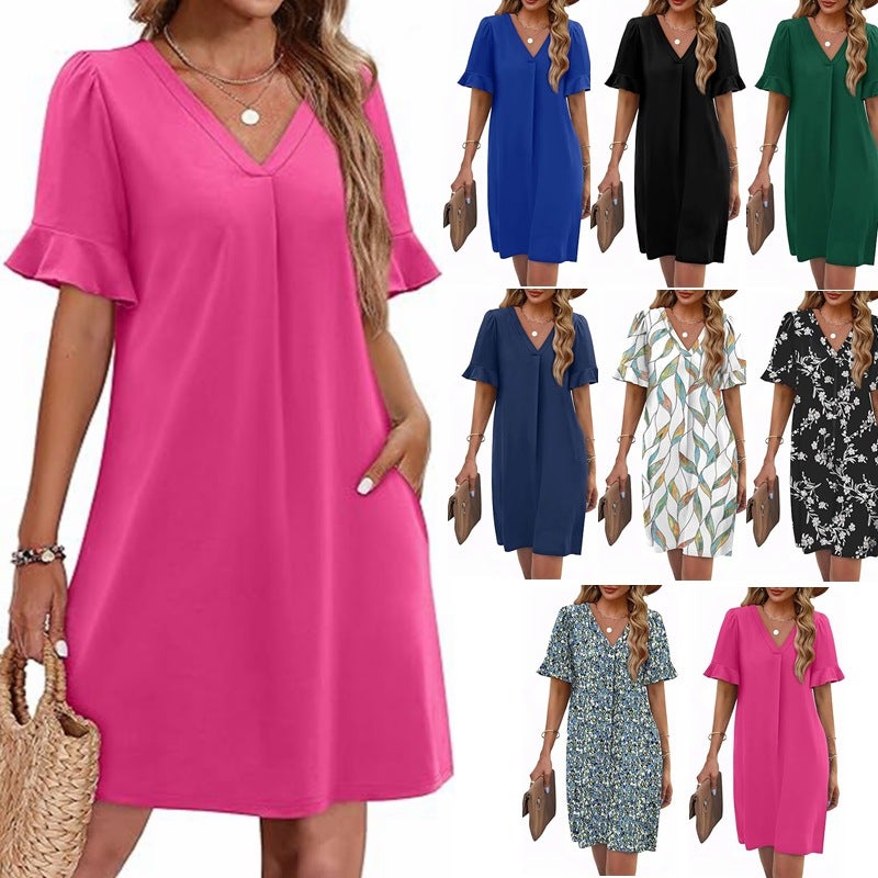 Women's V-Neck Flared Sleeve Midi Dress with Pockets