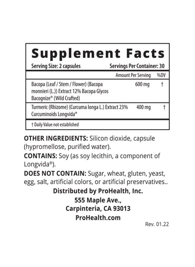ProHealth عبوة مزدوجة من الدماغ والتركيز - كركمين لونفيدا المحسن مع باكوجنيز باكوبا مونييري (60 كبسولة نباتية) - Image 1