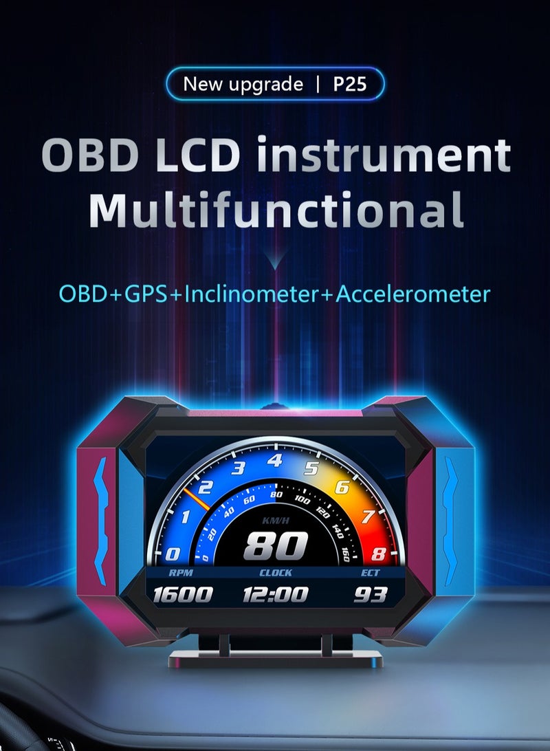 OTP-P25 OBD2 Car HUD Head Up Display Display Tachometer Multi-Function Digital OBDII GPS Speedometer Car Speed MPH Altitude Driving Direction Slope Meter Universal All - Image 2