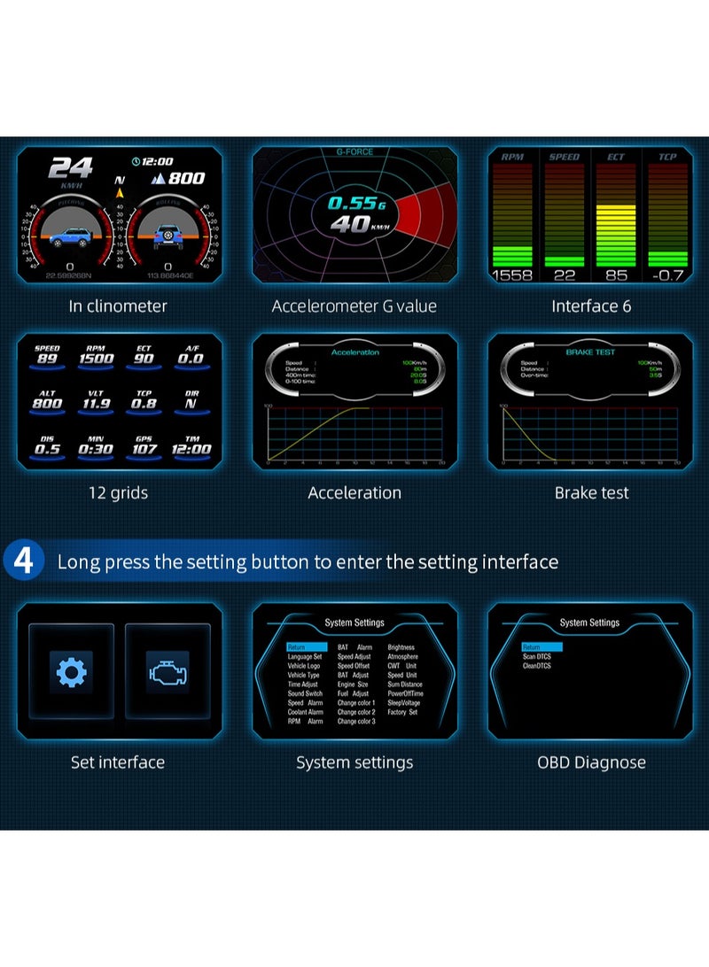 OTP-P25 OBD2 Car HUD Head Up Display Display Tachometer Multi-Function Digital OBDII GPS Speedometer Car Speed MPH Altitude Driving Direction Slope Meter Universal All - Image 4