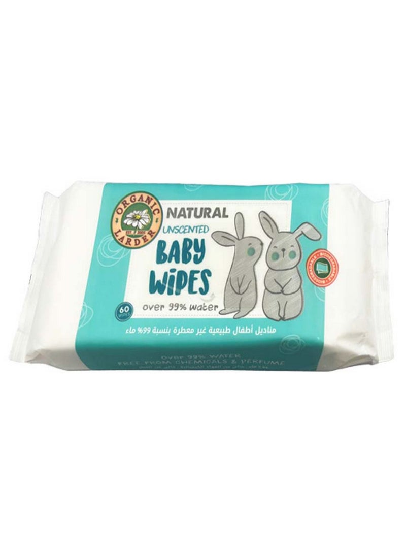 Natural Unscented Baby Wipes Over 99% Water Anti Bacterial 60Wipes