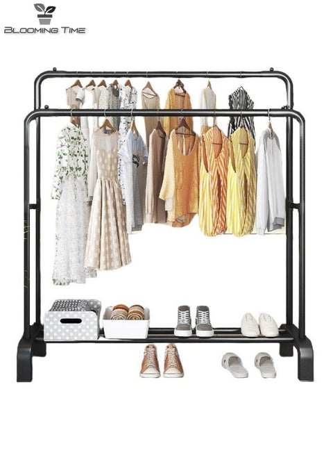 Double-Row Household Simple Floor-To-Ceiling Clothes Racks, Hangers, With A Layer Of Storage Racks For Sundries, Black