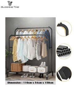 BLOOMING TIME Double-Row Household Simple Floor-To-Ceiling Clothes Racks, Hangers, With A Layer Of Storage Racks For Sundries, Black  - Image 3