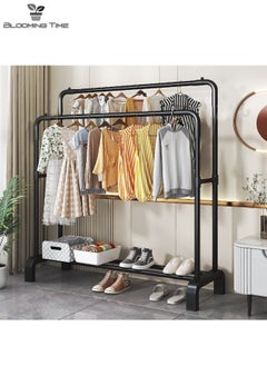 BLOOMING TIME Double-Row Household Simple Floor-To-Ceiling Clothes Racks, Hangers, With A Layer Of Storage Racks For Sundries, Black  - Image 5
