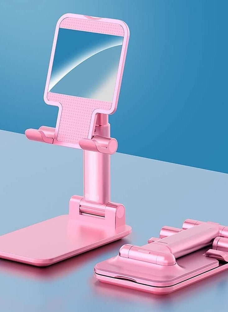Folding Desktop Stand Holder for Mobile Phones and Tablets up to 11”, Adjustable Height and Angle for Video Calls, Study, Gaming Pink.
