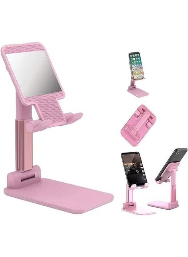 Folding Desktop Stand Holder for Mobile Phones and Tablets up to 11”, Adjustable Height and Angle for Video Calls, Study, Gaming Pink.