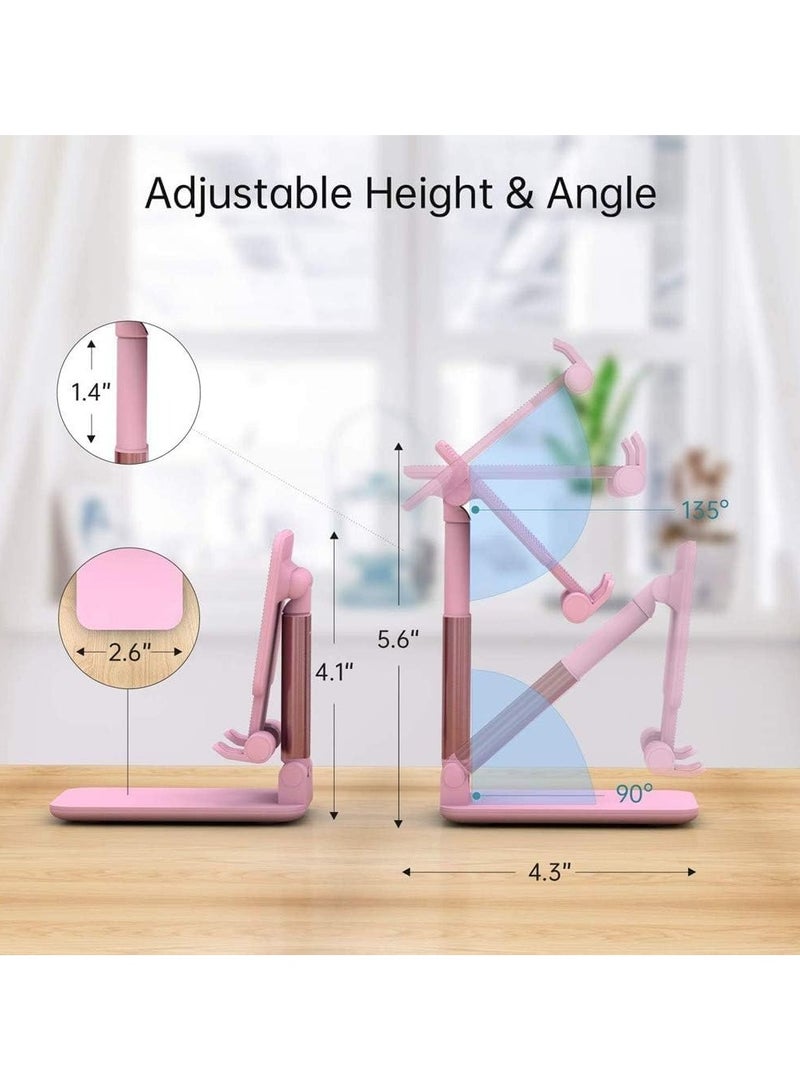 Folding Desktop Stand Holder for Mobile Phones and Tablets up to 11”, Adjustable Height and Angle for Video Calls, Study, Gaming Pink.