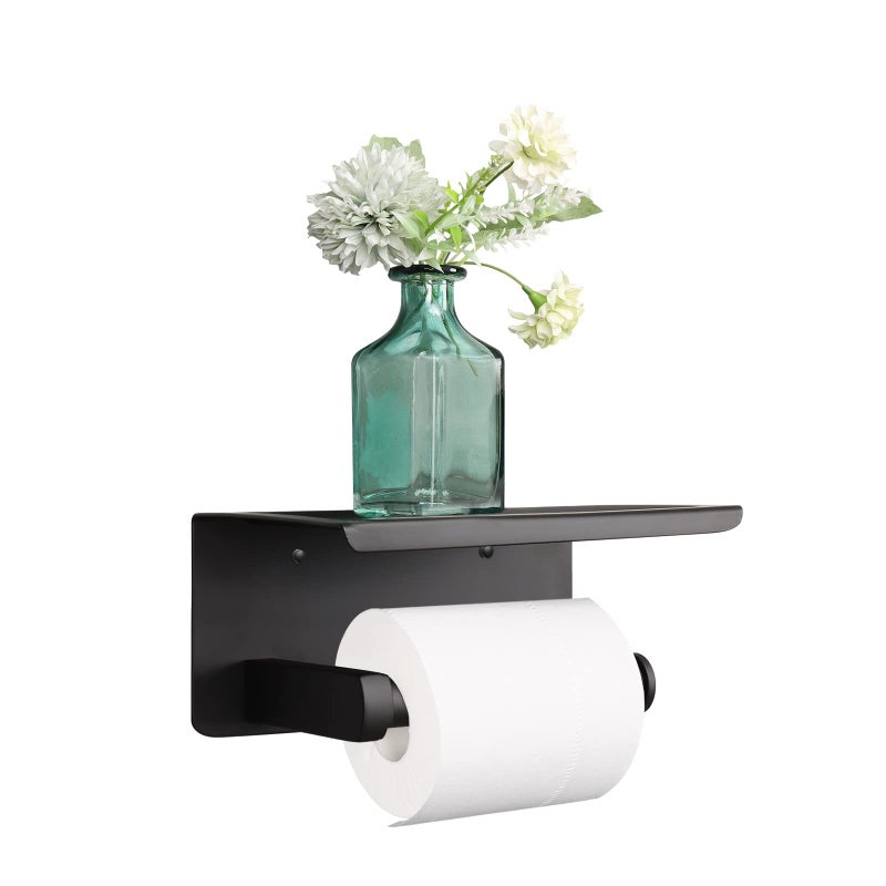 NearMoon NearMoon Toilet Paper Holder with Shelf Heavy Duty Bath Toilet Roll Holder with Phone Shelf Tissue Hanger for BathroomKitchen No Drill or Wall Mounted304 Stainless Steel Matte Black 