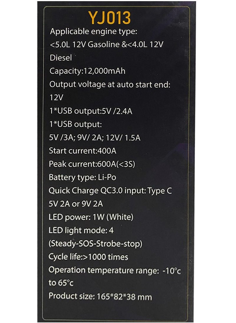 THUNDER - Multi-function 12000 mAh Car Battery Booster Jump Starter UltraSafe Portable Emergency Lithium Jump Starter Power Bank-800A / 12V/YJ-013 - Image 1