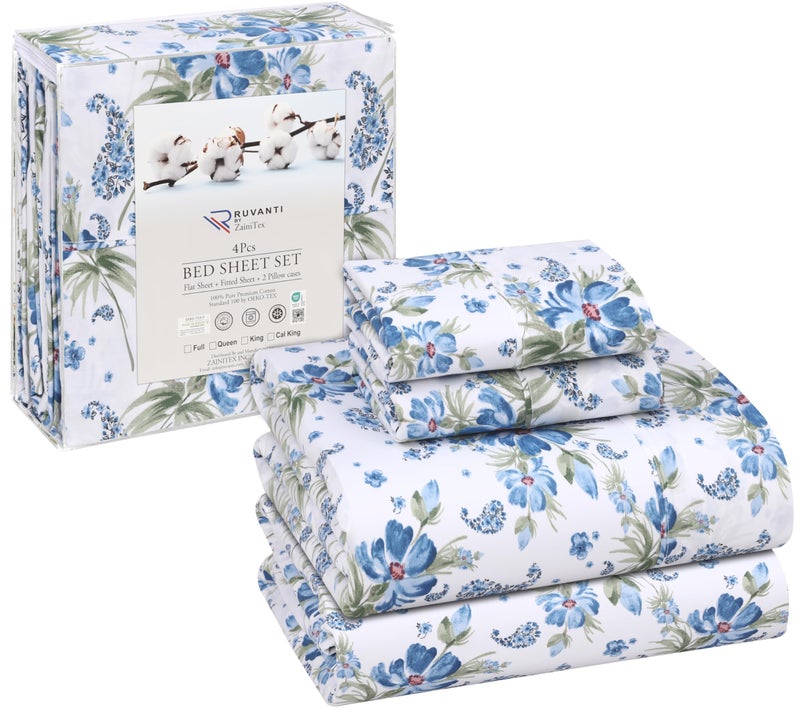 RUVANTI 100 Cotton Sheets Queen Size Set 4 Pieces Soft  Breathable Percale Weave Bedding Deep Pocket 16 Hotel Standard Crisp Cool Feeling Durable Perfect Floral Bed Sheet Paislyona