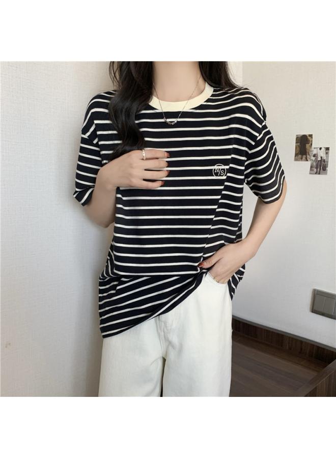 VUELO Real Shot Cotton Striped Short-sleeved T-shirt Women's Summer Loose All-match Student Half-sleeved Top Base-layer Shirt