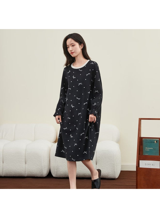 Dingguagua Dingguagua Women's Autumn Winter Fleece Printed Long Sleeve Nightgown Black Size 165
