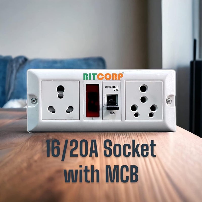 BITCORP لوحة تمديد BITCORP 16A الثقيلة 2 مقبس متعدد 1 MCB 3500W واقي من زيادة التيار سلك طويل للأجهزة الكبيرة مثل الثلاجات والغسالات والميكروويف 3500W 16A قابس كبير 2 متر - Image 2