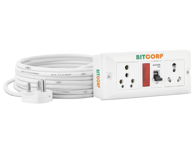 BITCORP لوحة تمديد BITCORP 16A الثقيلة 2 مقبس متعدد 1 MCB 3500W واقي من زيادة التيار سلك طويل للأجهزة الكبيرة مثل الثلاجات والغسالات والميكروويف 3500W 16A قابس كبير 2 متر - Image 1