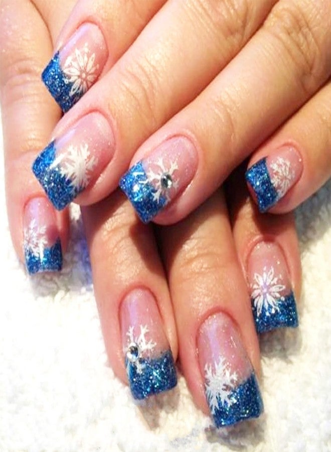 LRKNNO 24Pcs Christmas Snowflake Press on Nails Short Square French Tips Fake Nails Blue Glitter Nail Tips Acrylic Nails with Rhinestone Design Christmas Glue on Nails for Women Winter Christmas Nails Decor - Image 1
