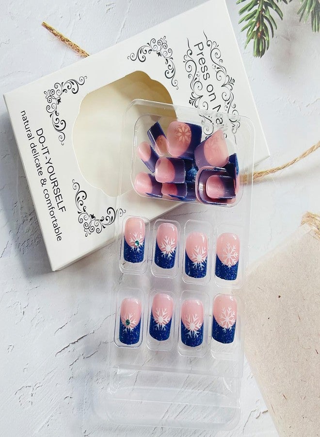 LRKNNO 24Pcs Christmas Snowflake Press on Nails Short Square French Tips Fake Nails Blue Glitter Nail Tips Acrylic Nails with Rhinestone Design Christmas Glue on Nails for Women Winter Christmas Nails Decor - Image 3