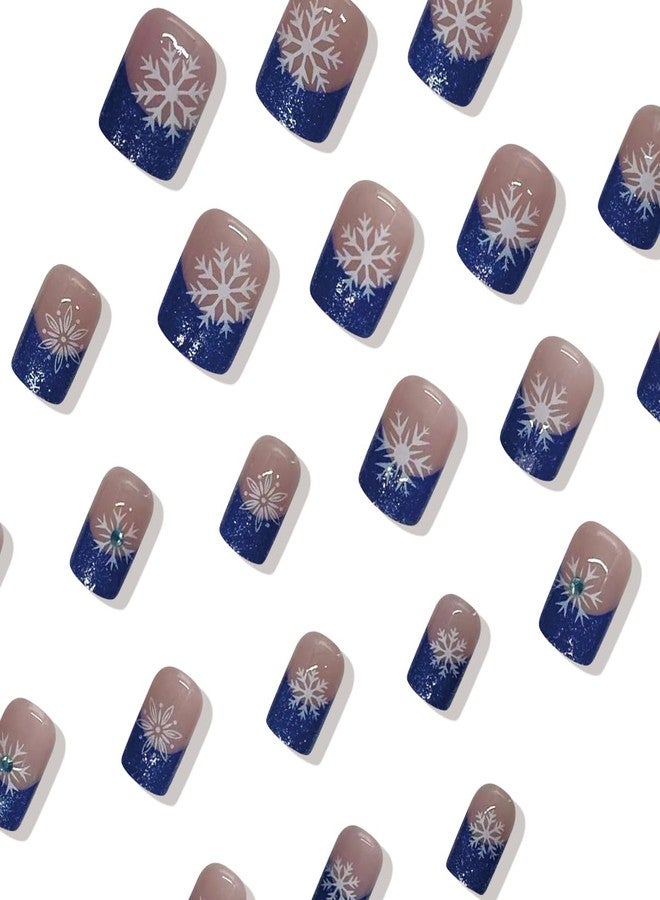 LRKNNO 24Pcs Christmas Snowflake Press on Nails Short Square French Tips Fake Nails Blue Glitter Nail Tips Acrylic Nails with Rhinestone Design Christmas Glue on Nails for Women Winter Christmas Nails Decor - Image 5