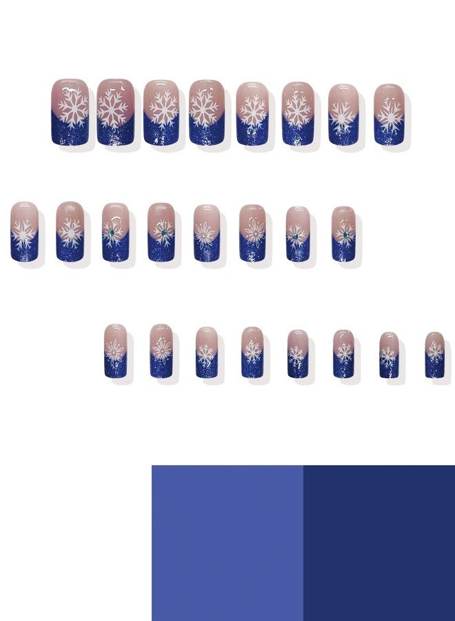 LRKNNO 24Pcs Christmas Snowflake Press on Nails Short Square French Tips Fake Nails Blue Glitter Nail Tips Acrylic Nails with Rhinestone Design Christmas Glue on Nails for Women Winter Christmas Nails Decor - Image 2