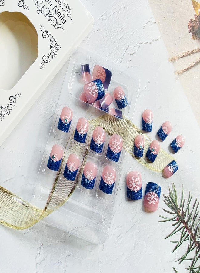 LRKNNO 24Pcs Christmas Snowflake Press on Nails Short Square French Tips Fake Nails Blue Glitter Nail Tips Acrylic Nails with Rhinestone Design Christmas Glue on Nails for Women Winter Christmas Nails Decor - Image 4
