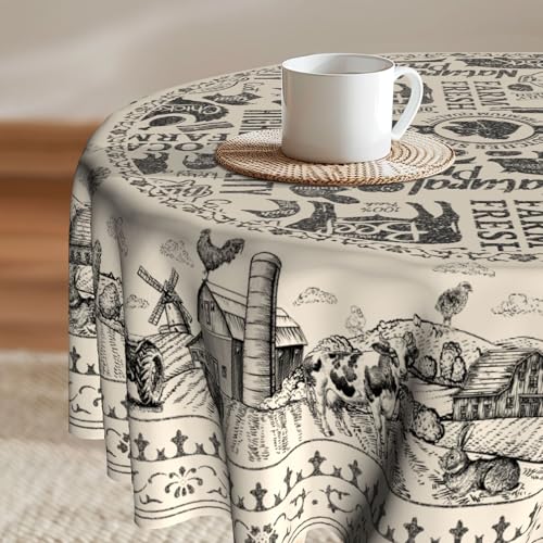 Imiss Vintage Cow House Round Tablecloth 60 Inch - Farmhouse Animal Washable Table Cloth Rustic Chicken Wrinkle Resistant Table Cover for Party Picnic Dinner Decor - Image 1