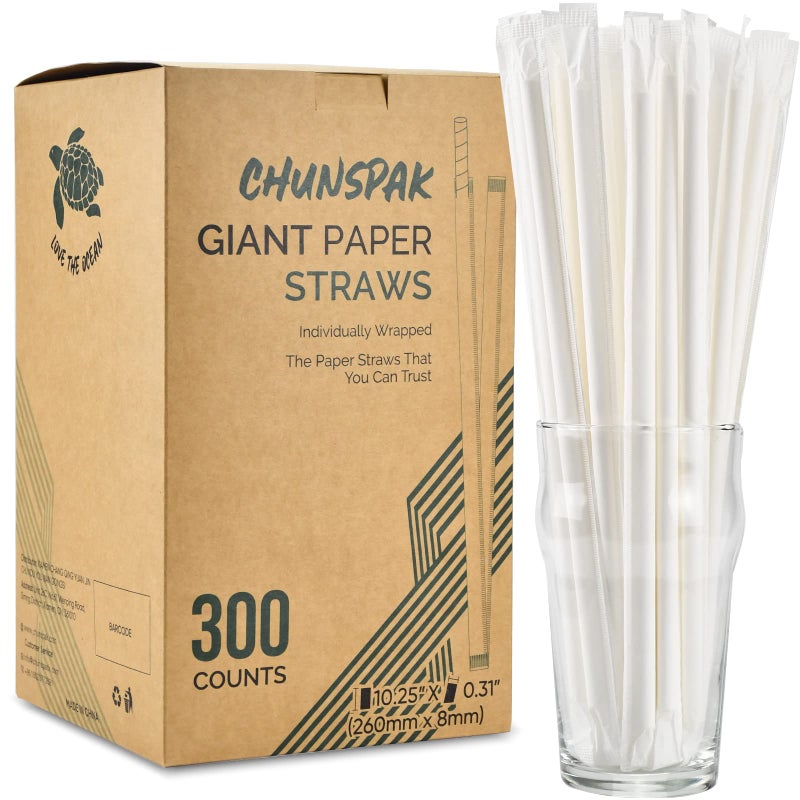 300 Pack Biodegradable 10 Inch Long Giant Paper Drinking Straws 8mm Wide  Individually Wrapped Plain White
