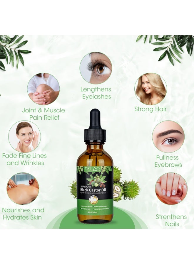 MELAO Jamaican Black Castor Oil, 2 Fl Oz Organic Cold Pressed Unrefined Glass Bottle ,100% Pure Cold Pressed Organic Castor Oil for Hair Eyelashes Eyebrows Growth, Moisturizing Scalp, Skin and Nails(60ML) - Image 2