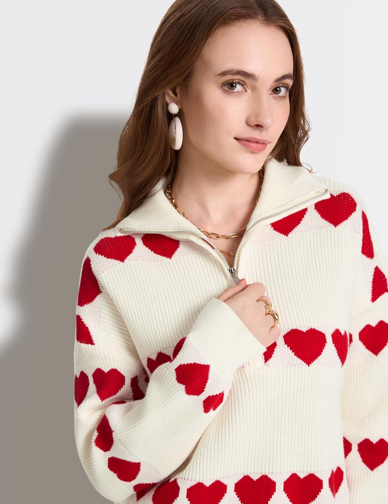 Yimoon Heart Sweater for Women Valentines Day Sweater Oversized Quarter Zip Knit Pullover Cute Chunky Knitwear(Apricot-L) - Image 3