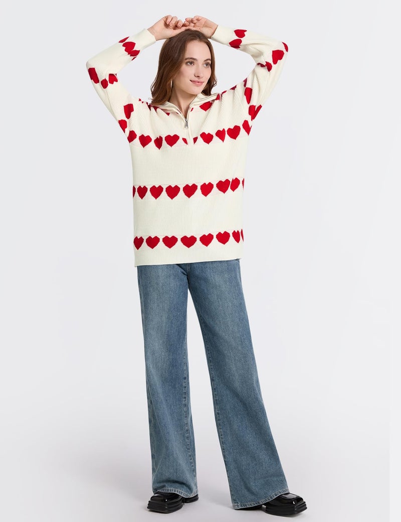 Yimoon Heart Sweater for Women Valentines Day Sweater Oversized Quarter Zip Knit Pullover Cute Chunky Knitwear(Apricot-L) - Image 4