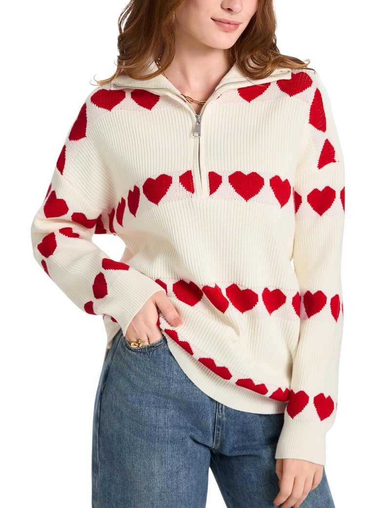 Yimoon Heart Sweater for Women Valentines Day Sweater Oversized Quarter Zip Knit Pullover Cute Chunky Knitwear(Apricot-L) - Image 1
