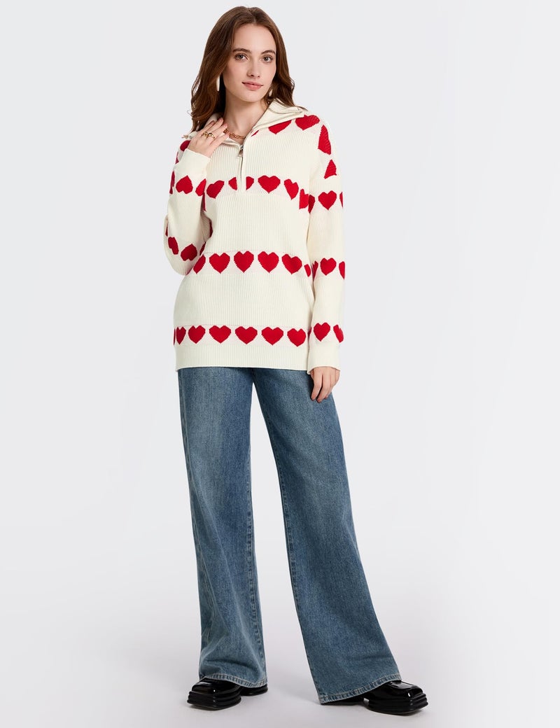 Yimoon Heart Sweater for Women Valentines Day Sweater Oversized Quarter Zip Knit Pullover Cute Chunky Knitwear(Apricot-L) - Image 5