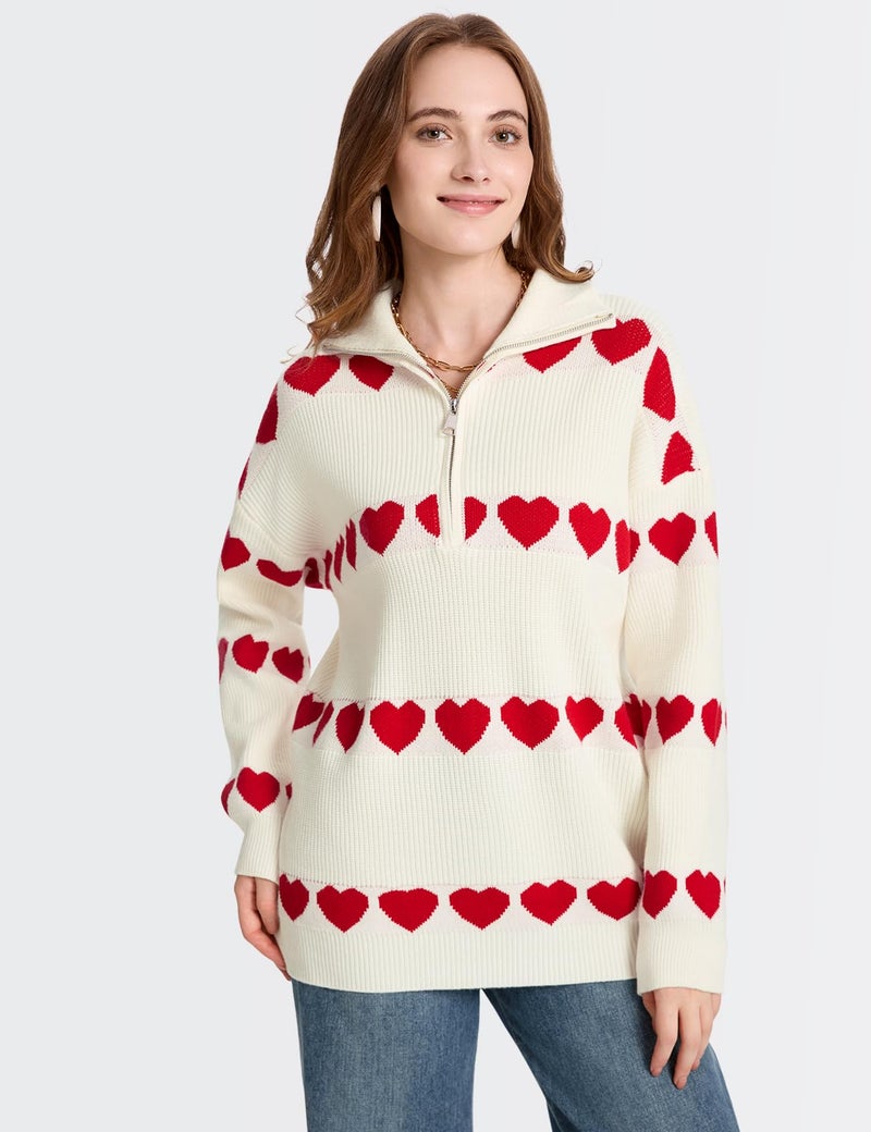 Yimoon Heart Sweater for Women Valentines Day Sweater Oversized Quarter Zip Knit Pullover Cute Chunky Knitwear(Apricot-L) - Image 2