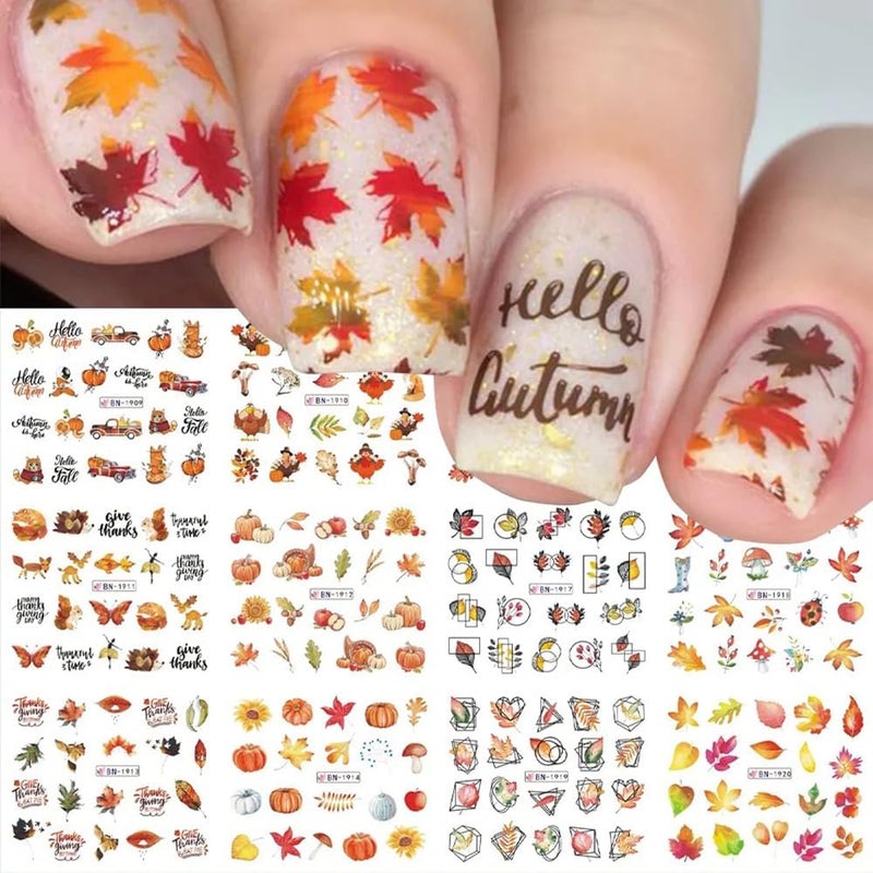 Fall Nail Art Stickers, Autumn Nail Art Water Decals Transfer Nail Supplies Maple Leaves Turkey Pumpkin Design Sticker for Women Acrylic Nail Maple Leaf Thanksgiving Decorations 12 PCS (Fall B)
